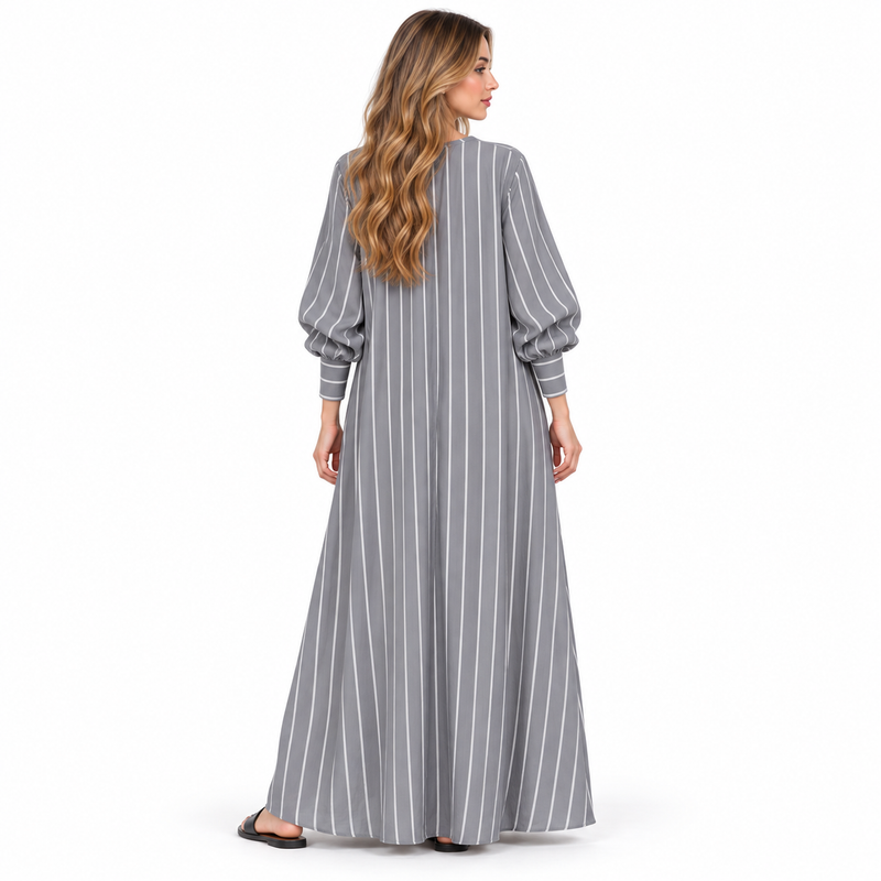 Elegant Grey Striped Cotton Kaftan Dress-4