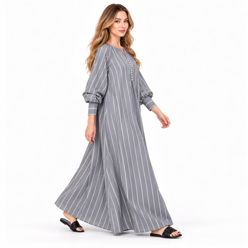 Elegant Grey Striped Cotton Kaftan Dress-2
