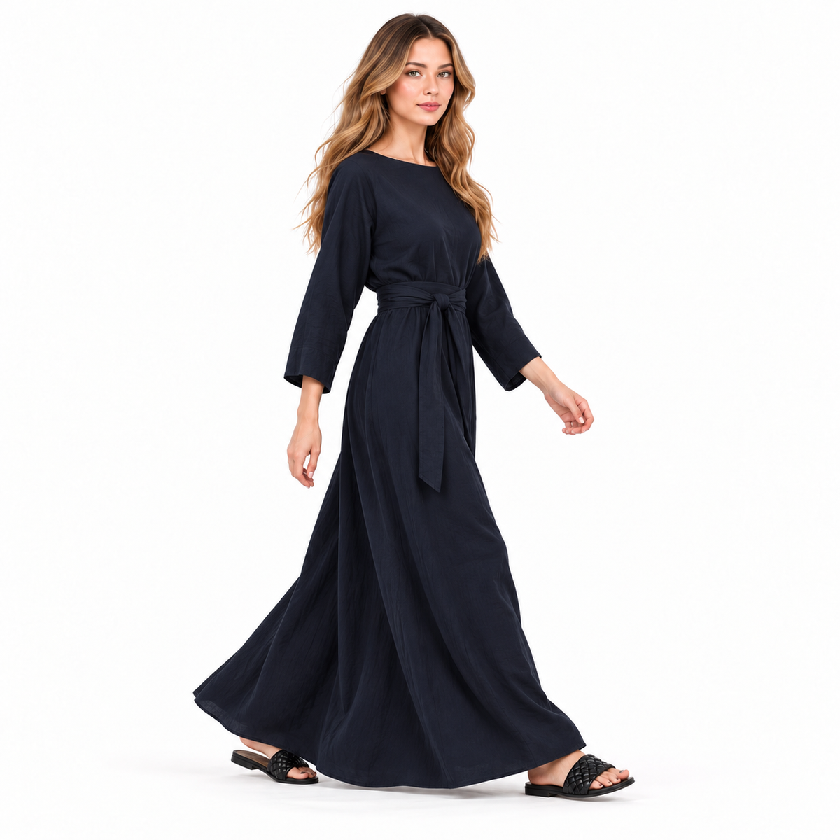 Elegant Navy Blue Cotton Kaftan Dress-2
