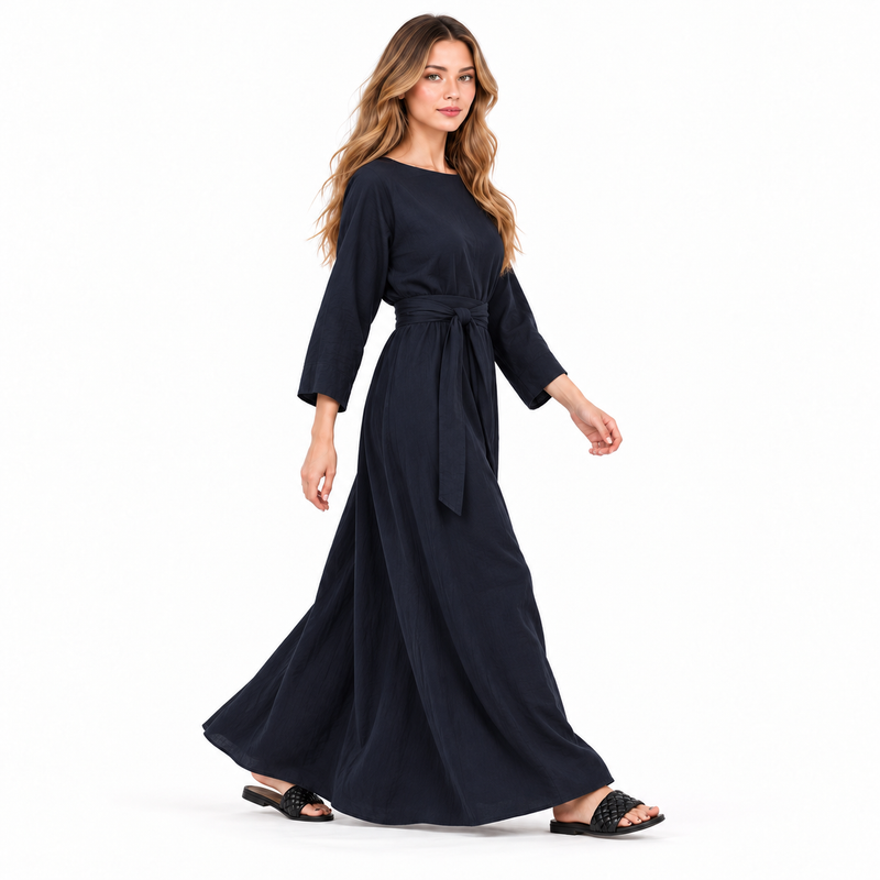 Elegant Navy Blue Cotton Kaftan Dress-2