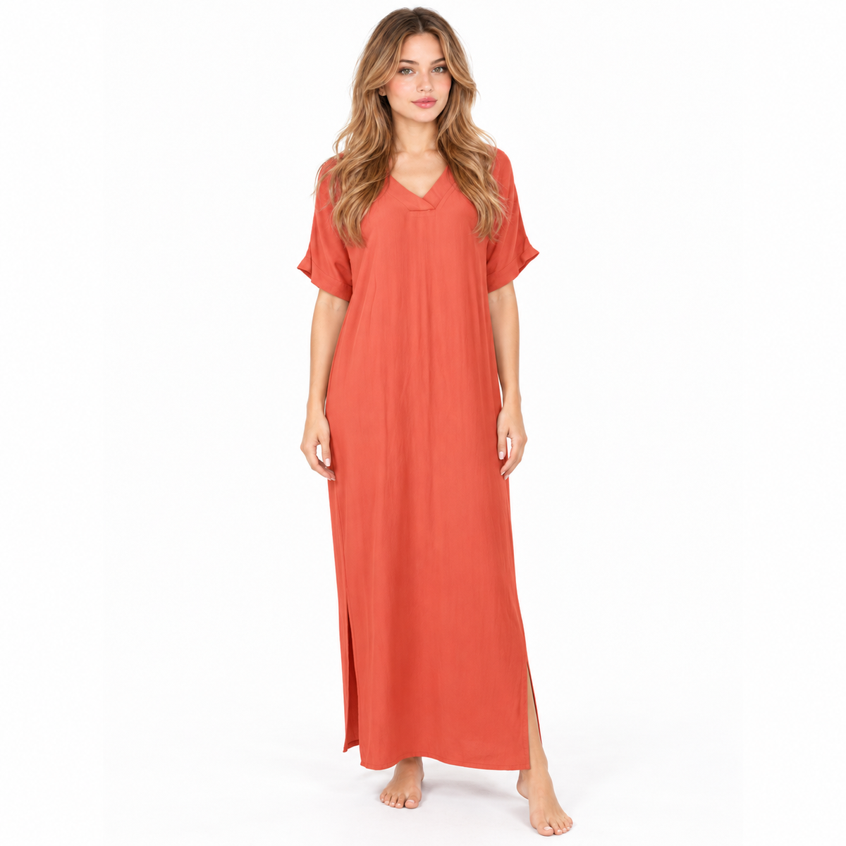 Elegant Orange Cotton Kaftan Maxi Dress-1