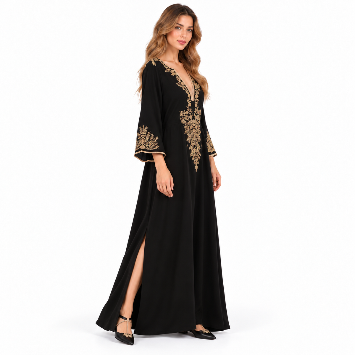 Cotton Kaftan Elegant Black Embroidered Dress