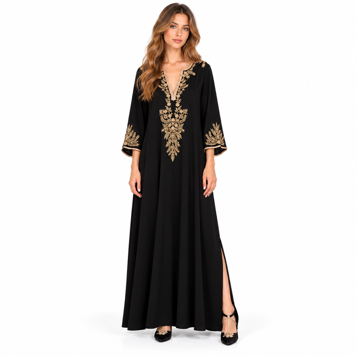 Cotton Kaftan Elegant Black Embroidered Dress