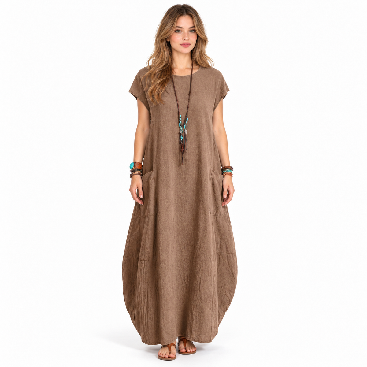 Elegant Khaki Cotton Kaftan Maxi Dress-1