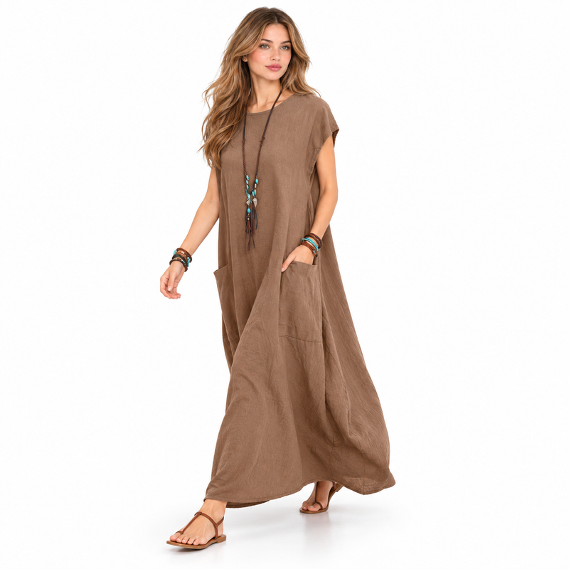 Elegant Khaki Cotton Kaftan Maxi Dress-3