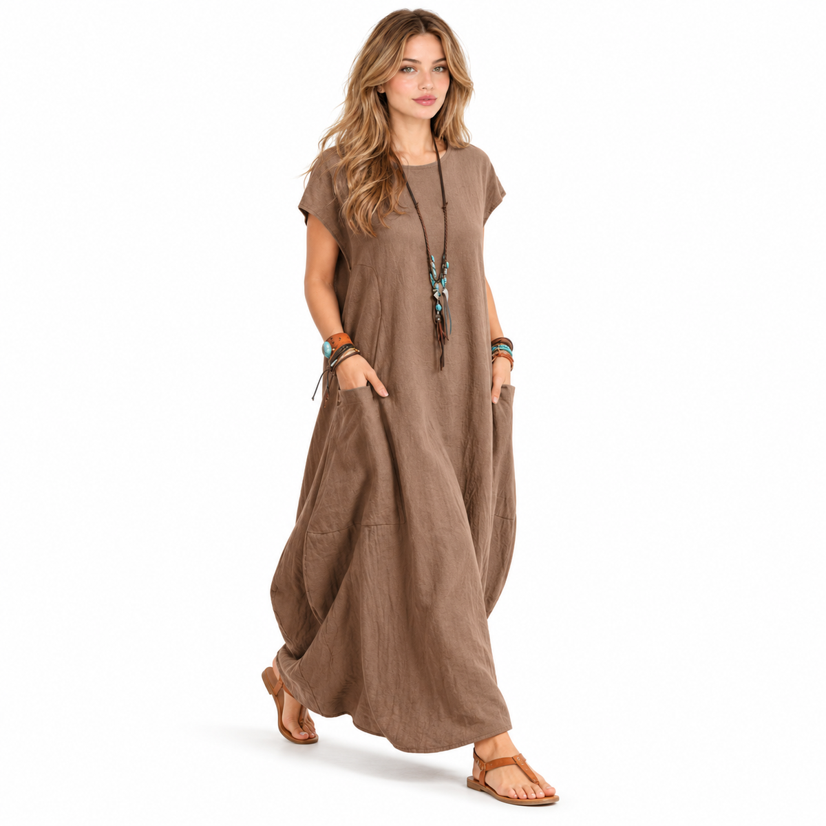 Elegant Khaki Cotton Kaftan Maxi Dress