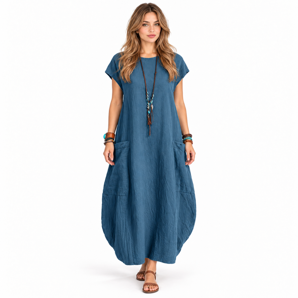 Cotton Kaftan Elegant Blue Pocket Dress-1
