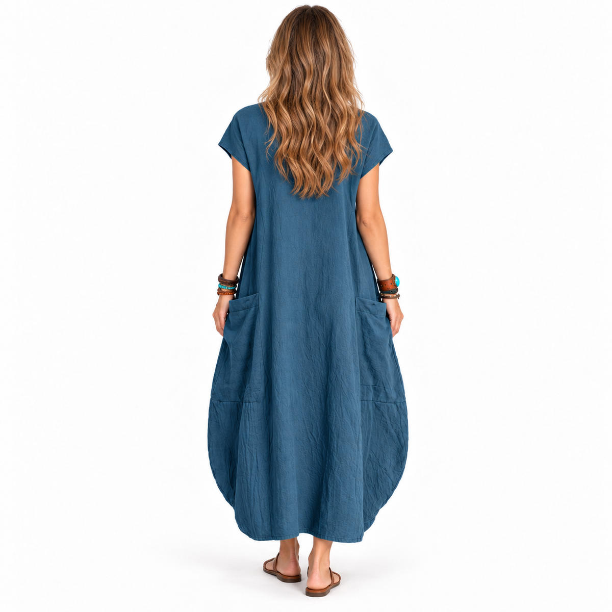 Cotton Kaftan Elegant Blue Pocket Dress-4