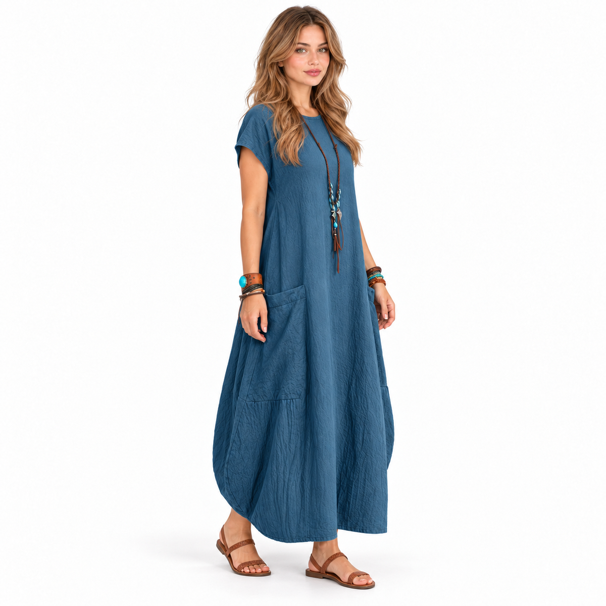 Cotton Kaftan Elegant Blue Pocket Dress-2