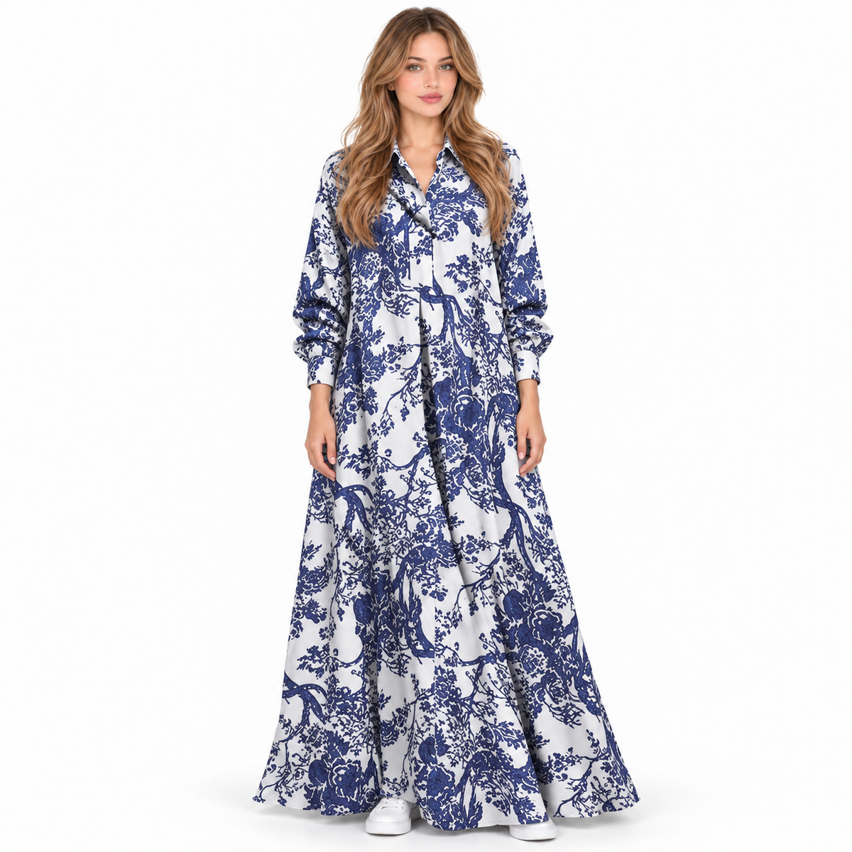 Elegant Blue White Floral Cotton Kaftan