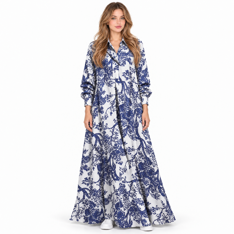 Elegant Blue White Floral Cotton Kaftan-1