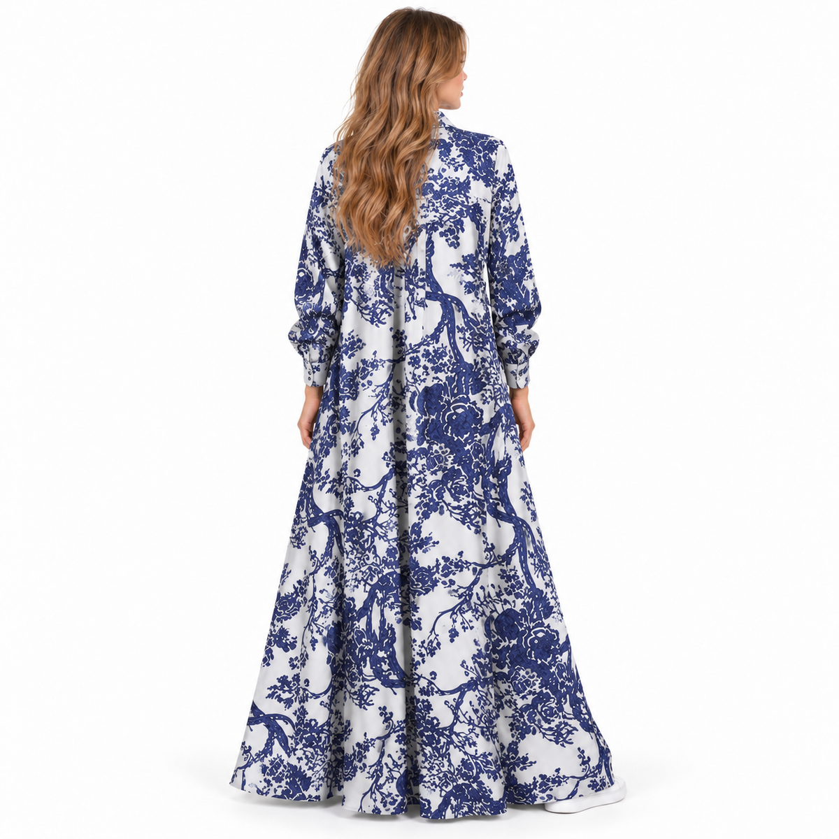 Elegant Blue White Floral Cotton Kaftan-4