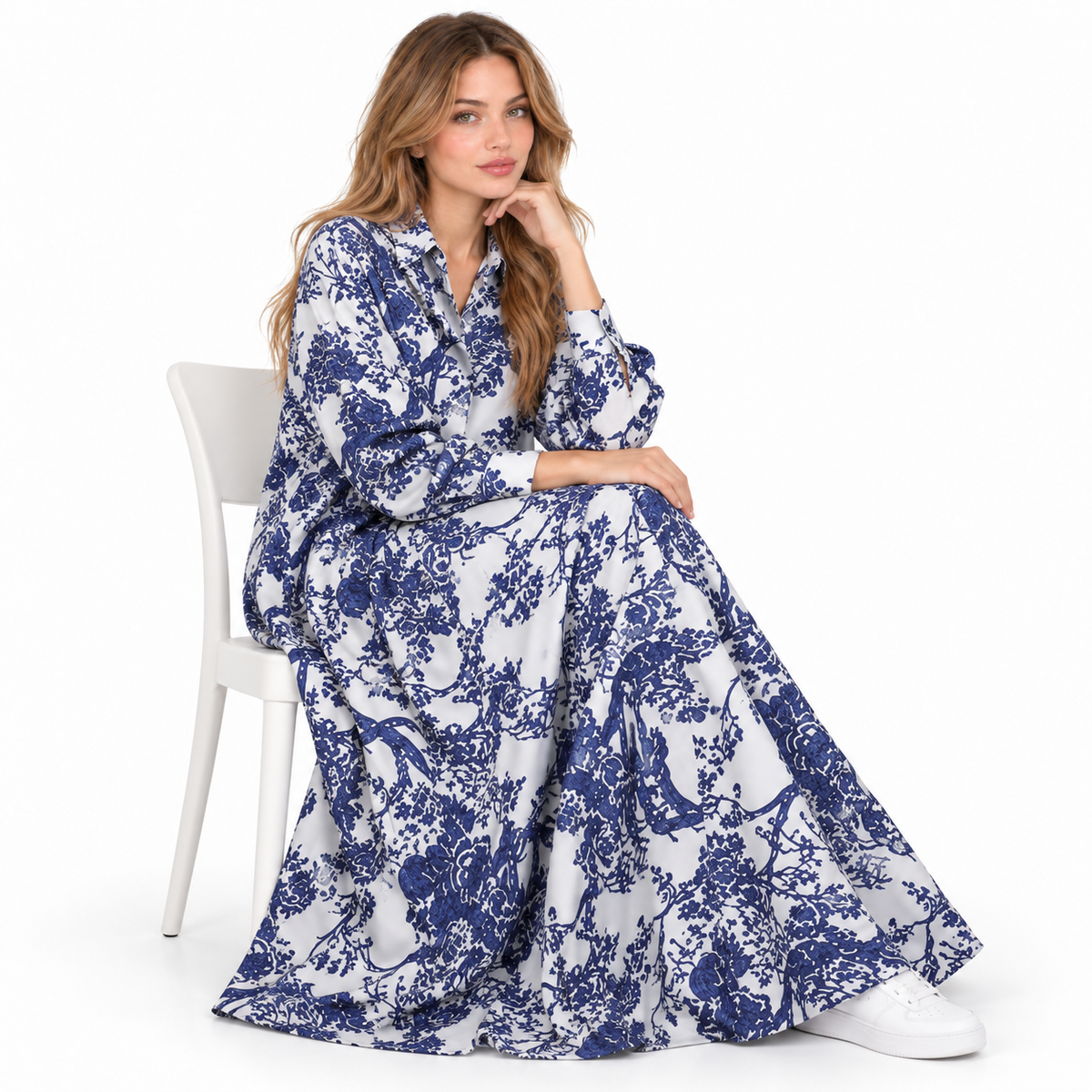 Elegant Blue White Floral Cotton Kaftan-3