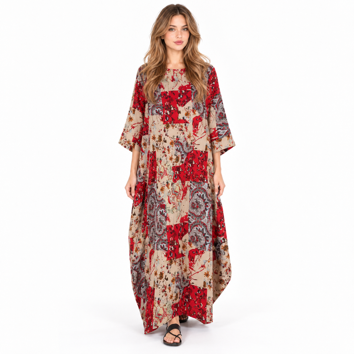 Red Cotton Kaftan Floral Patchwork Dress-1
