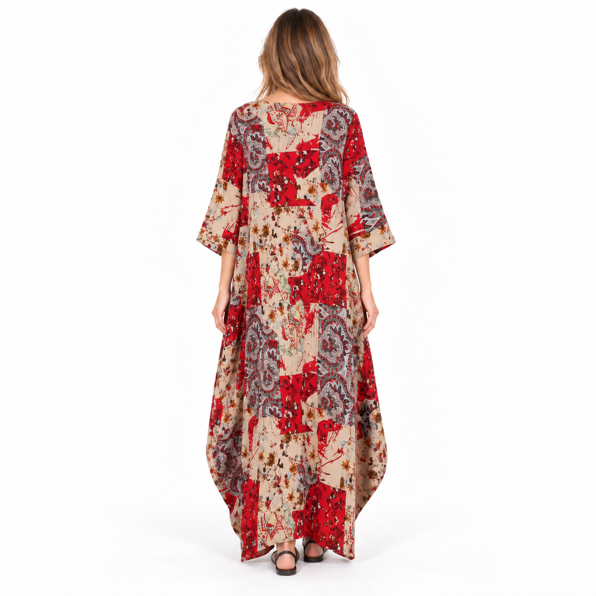 Red Cotton Kaftan Floral Patchwork Dress-4