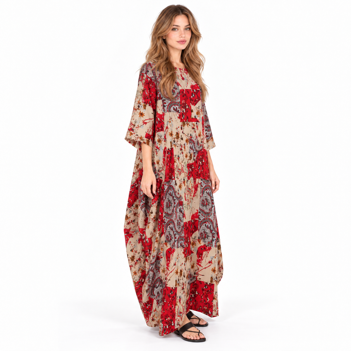 Red Cotton Kaftan Floral Patchwork Dress-2
