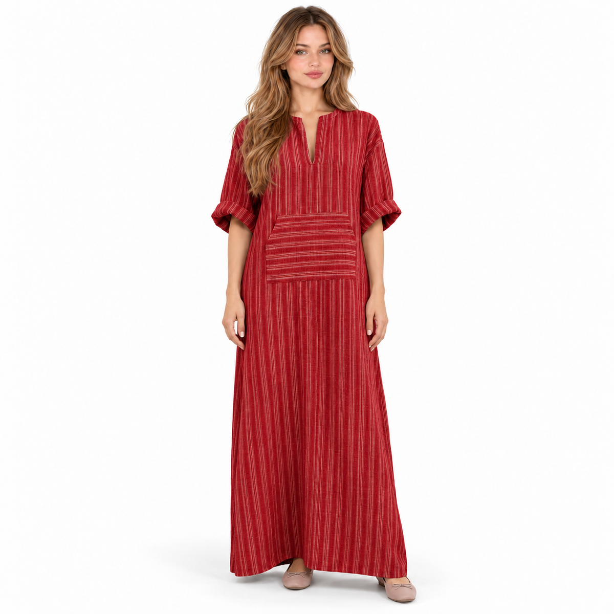 Elegant Red Striped Cotton Kaftan Dress