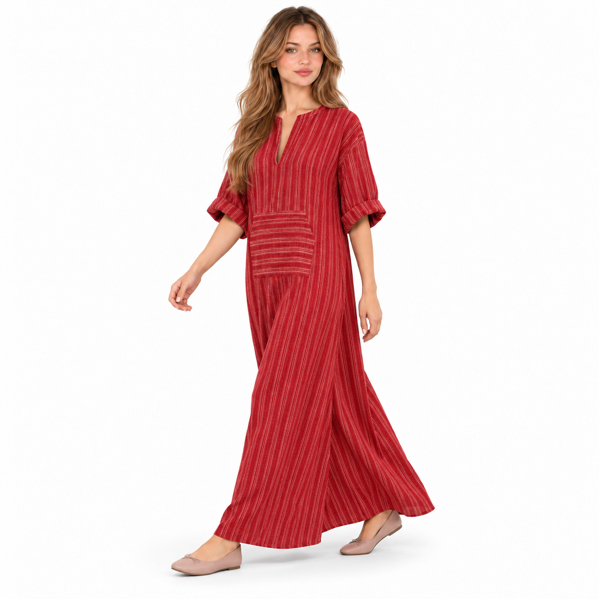 Elegant Red Striped Cotton Kaftan Dress