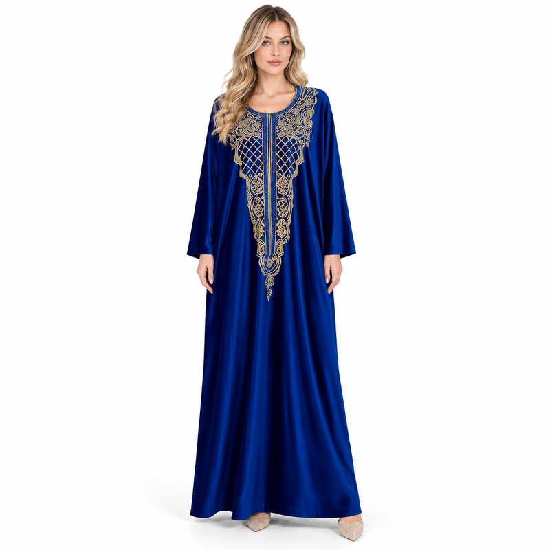 Royal Blue Velvet Kaftan Gold Embroidery-1