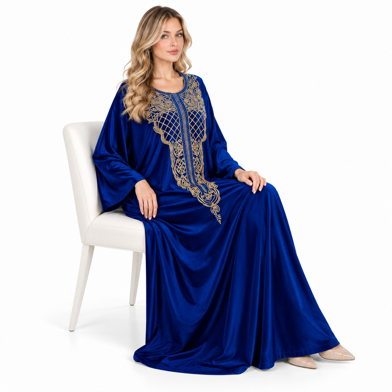 Royal Blue Velvet Kaftan Gold Embroidery-3