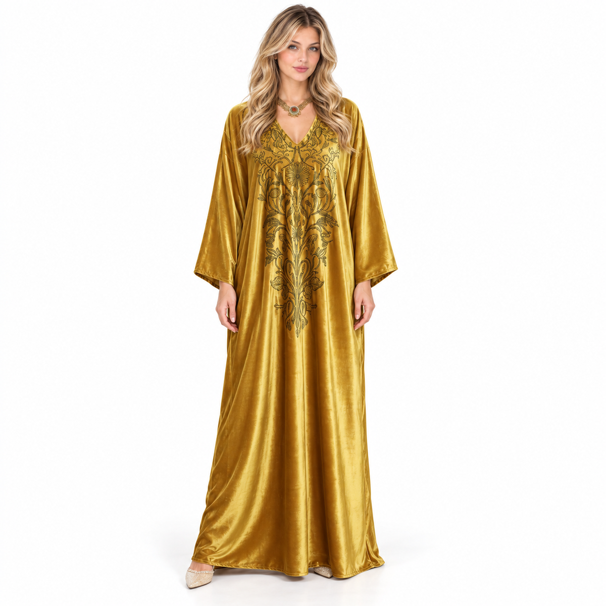 Golden Velvet Kaftan With Floral Embroidery-1