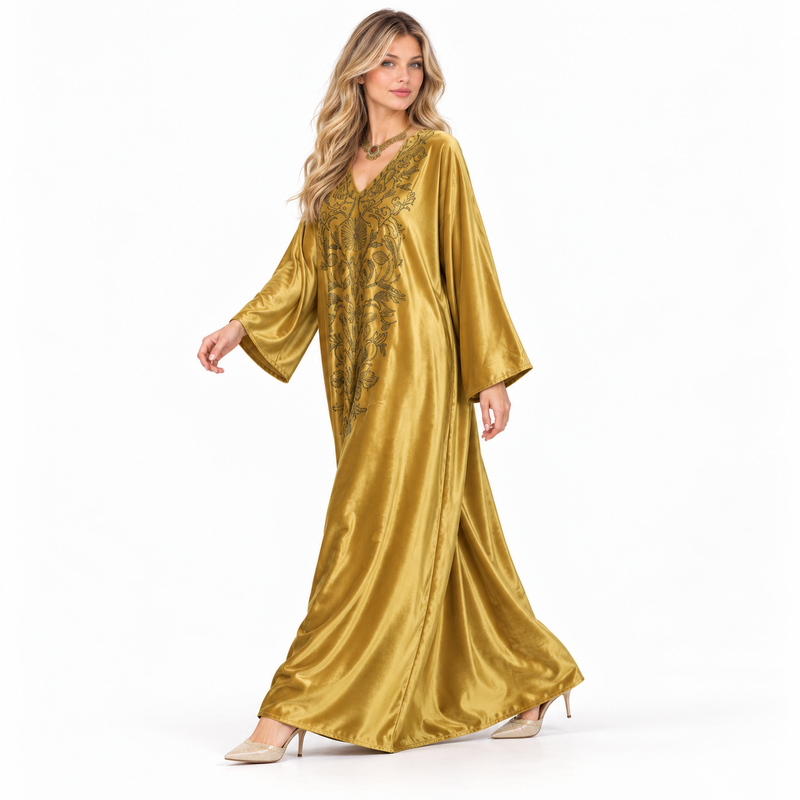 Golden Velvet Kaftan With Floral Embroidery-3