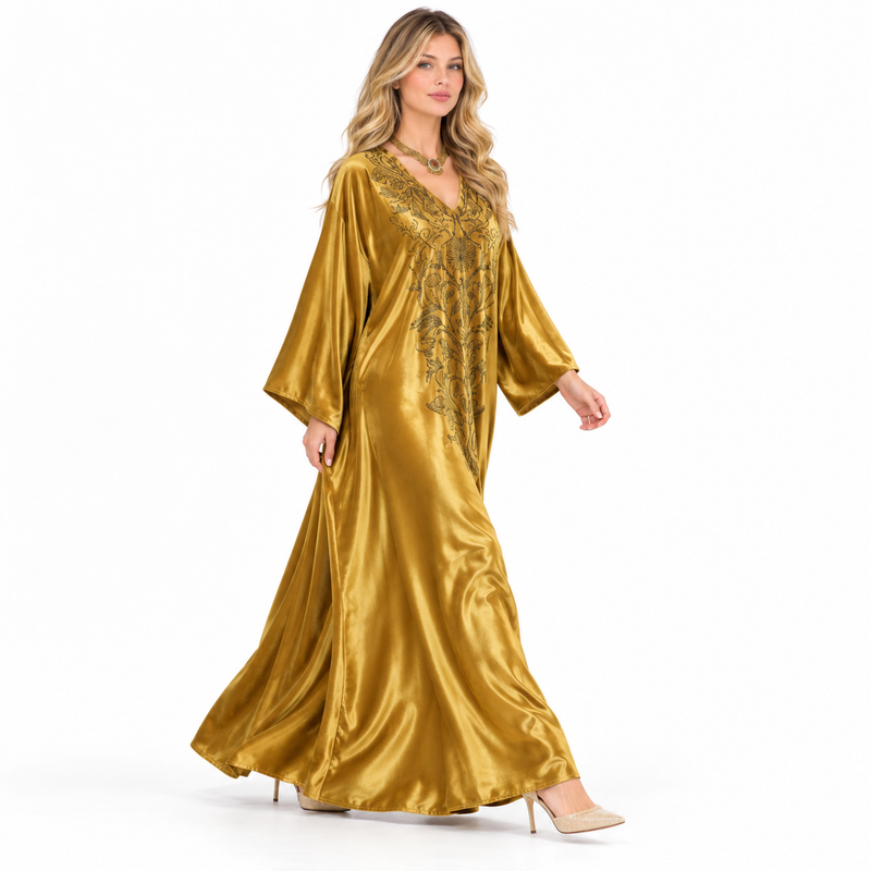 Golden Velvet Kaftan With Floral Embroidery-2