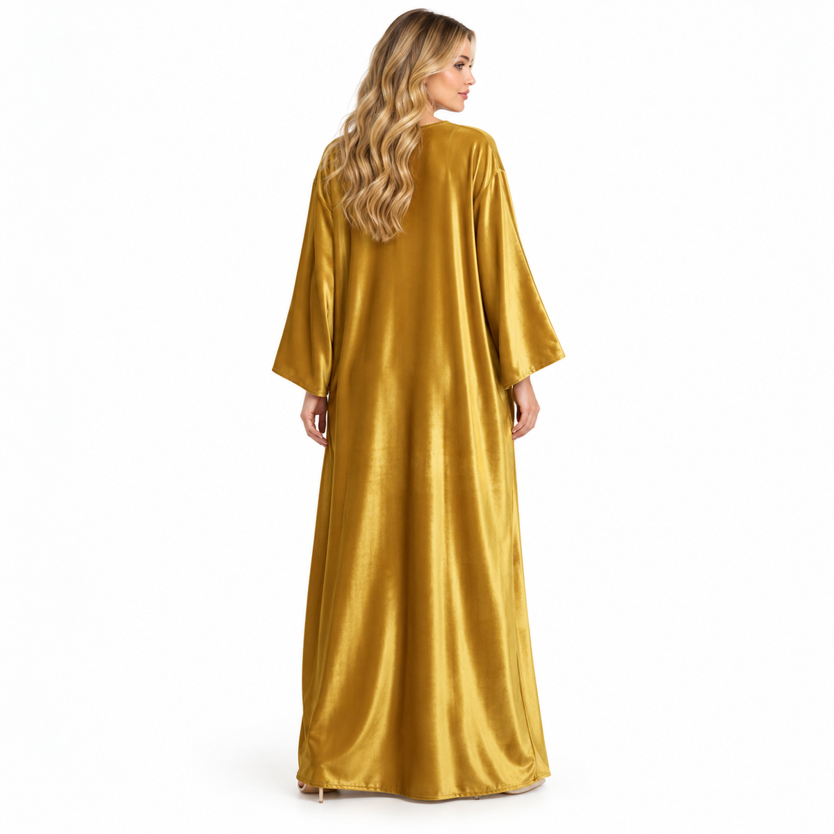 Golden Velvet Kaftan With Floral Embroidery-4