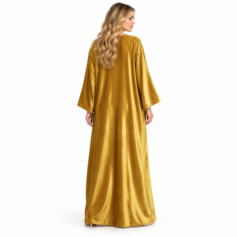 Golden Velvet Kaftan With Floral Embroidery-4