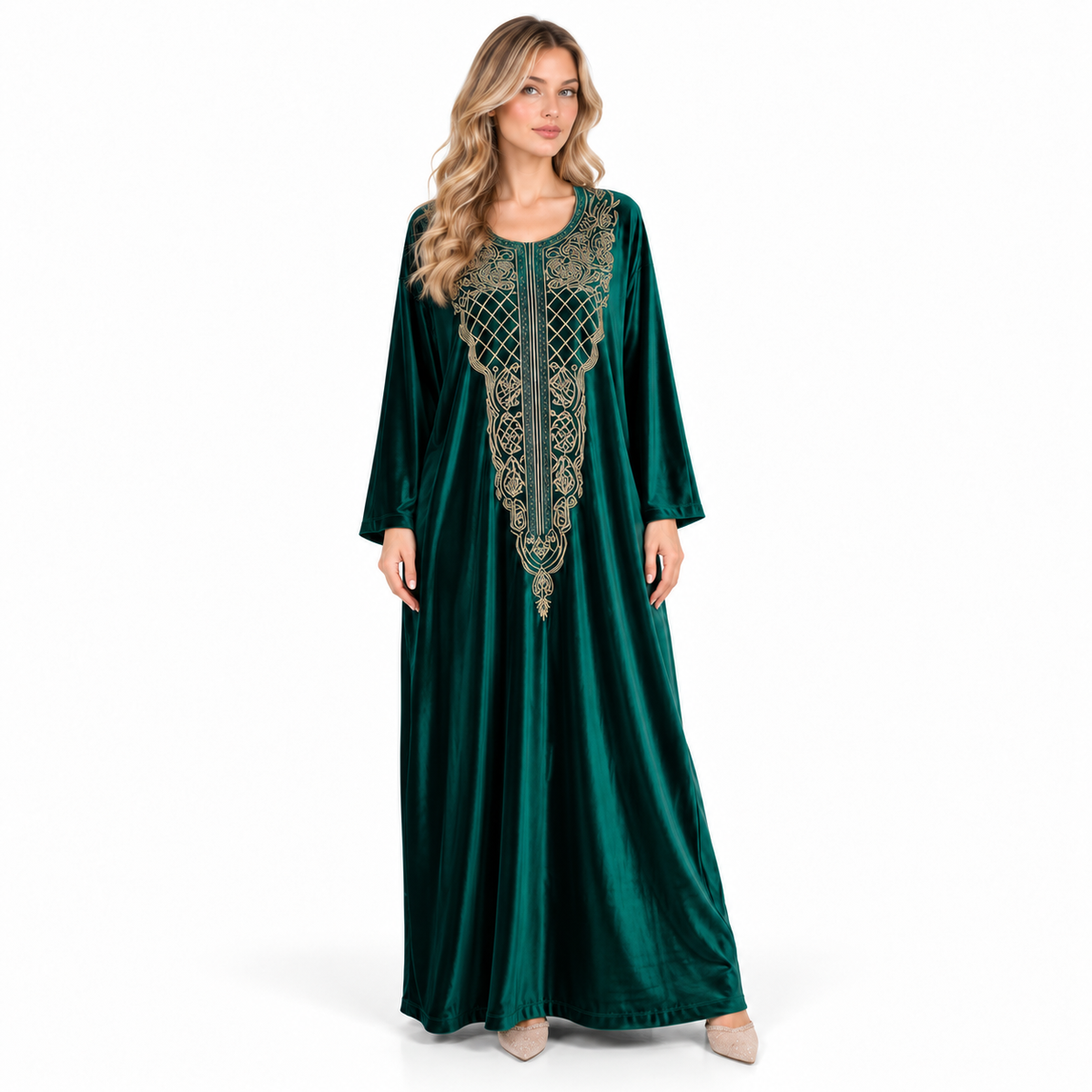 Dark Green Velvet Kaftan Gold Embroidery-1