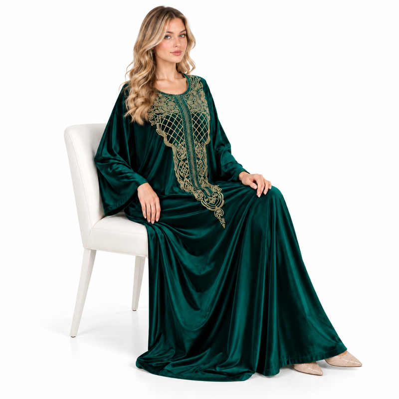 Dark Green Velvet Kaftan Gold Embroidery-2