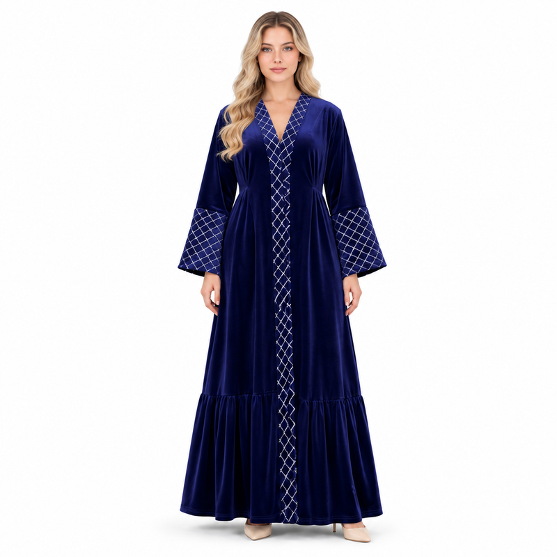 Elegant Navy Blue Velvet Kaftan Dress-1