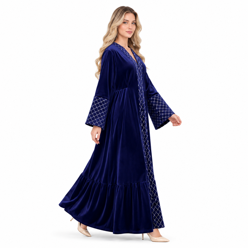 Elegant Navy Blue Velvet Kaftan Dress-3