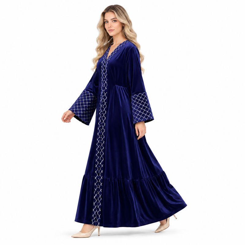 Elegant Navy Blue Velvet Kaftan Dress-2
