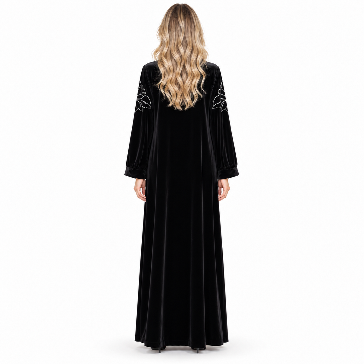 Elegant Black Velvet Floral Embroidered Kaftan-4