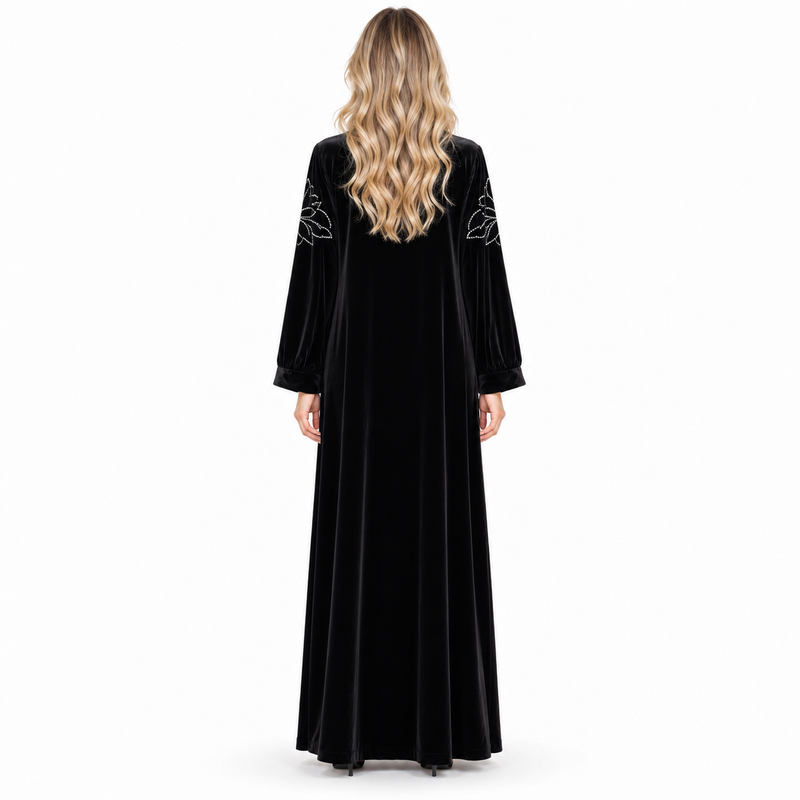 Elegant Black Velvet Floral Embroidered Kaftan-4