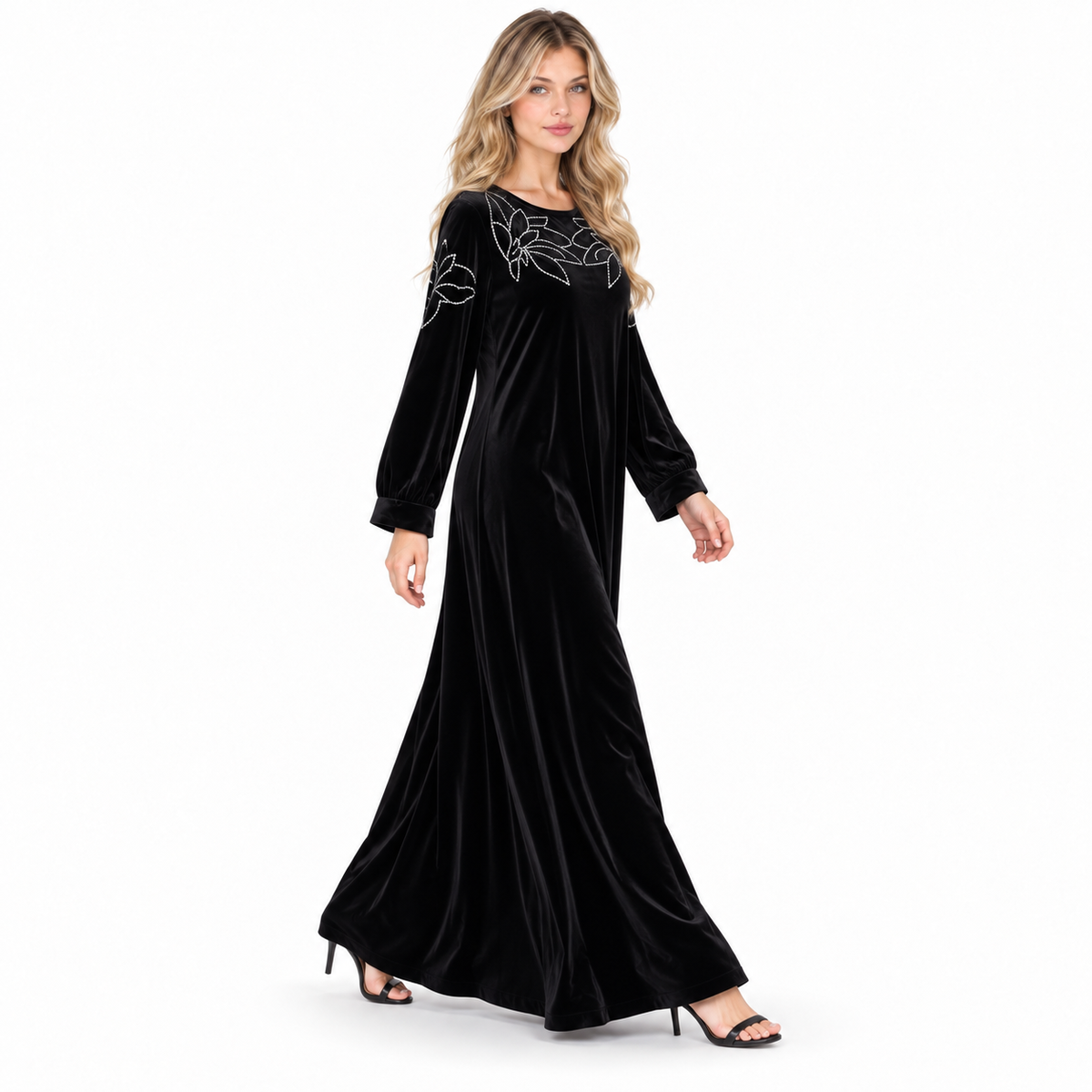 Elegant Black Velvet Floral Embroidered Kaftan-3
