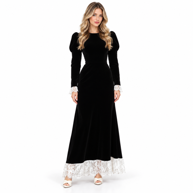 Elegant Black Velvet Kaftan Lace Dress-1
