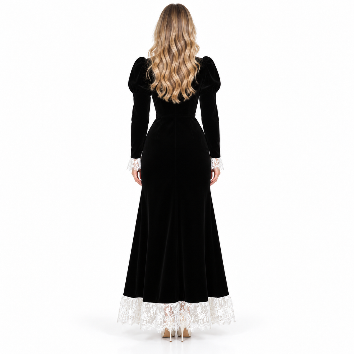 Elegant Black Velvet Kaftan Lace Dress-4