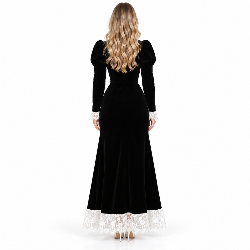 Elegant Black Velvet Kaftan Lace Dress-4