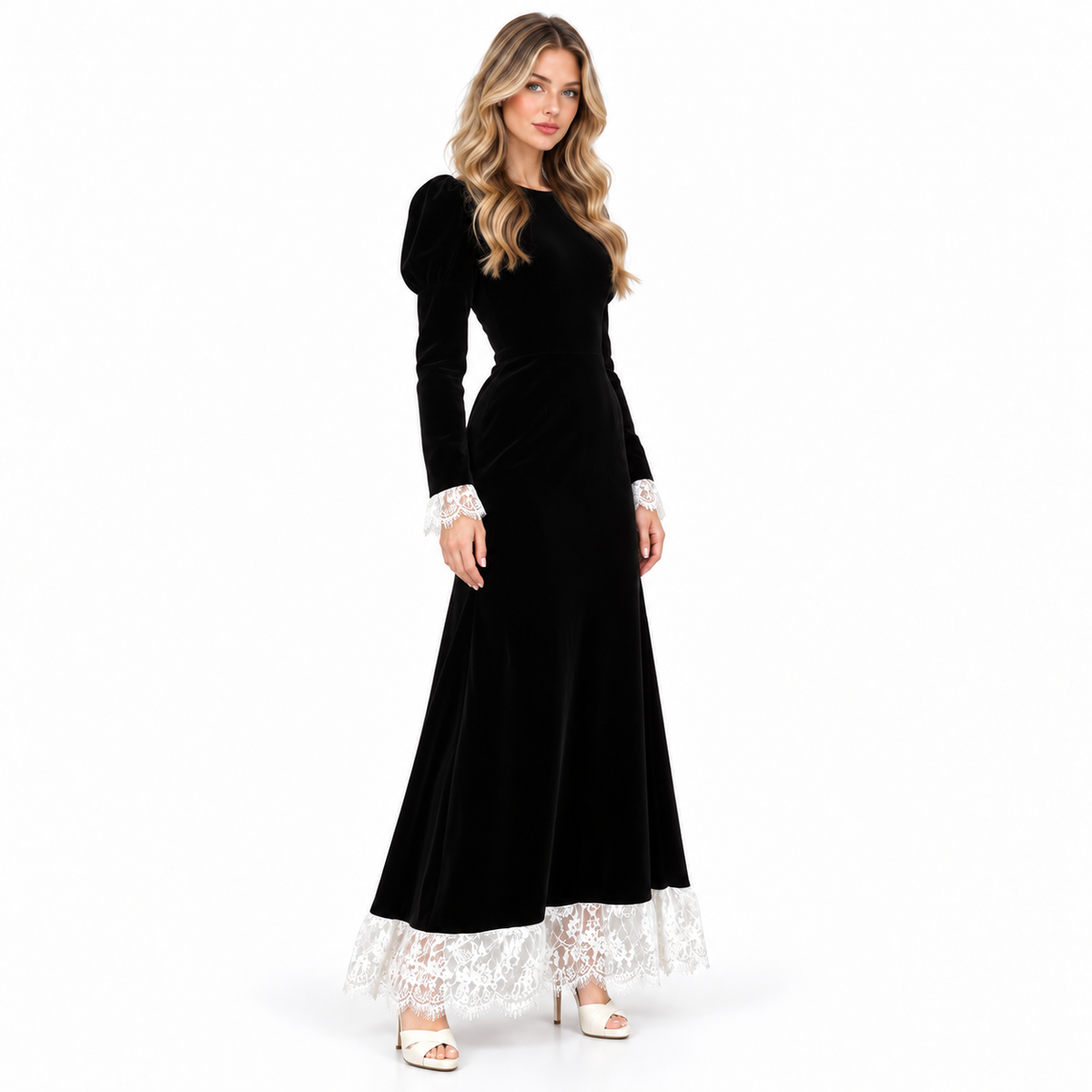 Elegant Black Velvet Kaftan Lace Dress-3