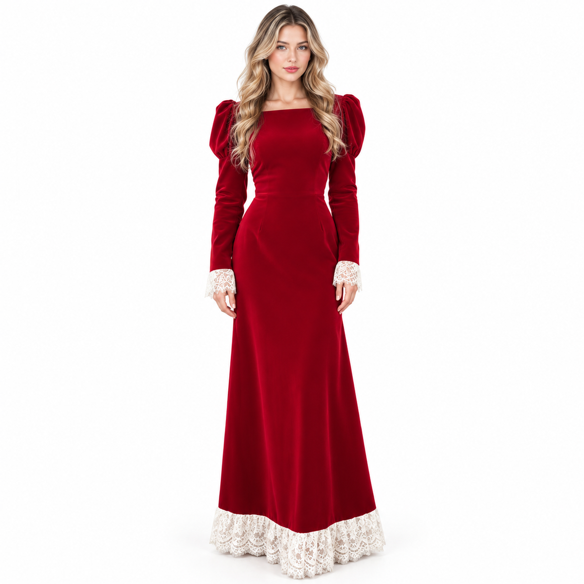 Elegant Red Velvet Lace Trim Kaftan