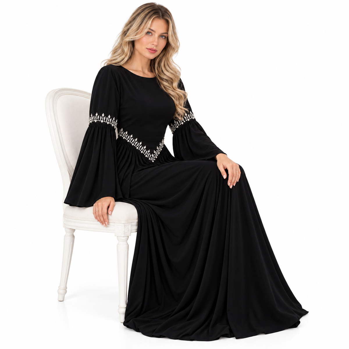 Elegant Black Embellished Velvet Kaftan Dress-3
