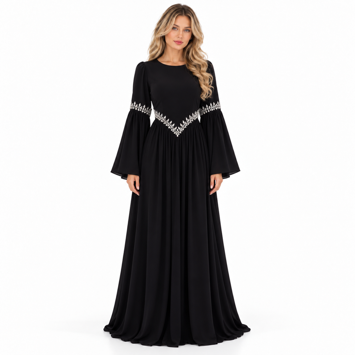 Elegant Black Embellished Velvet Kaftan Dress-1