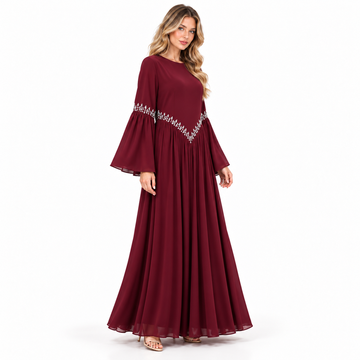 Elegant Wine Red Velvet Kaftan Dress-2