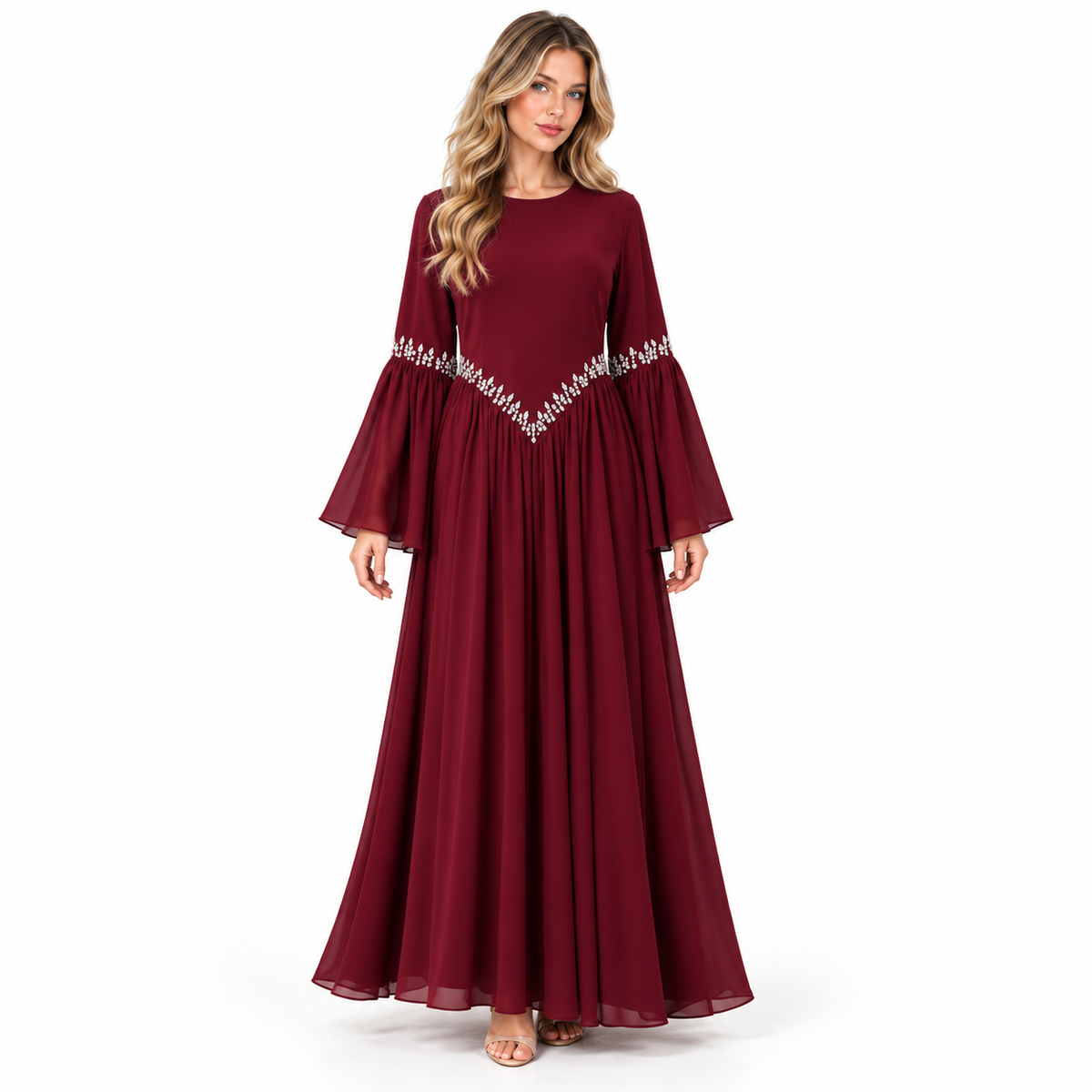 Elegant Wine Red Velvet Kaftan Dress-1