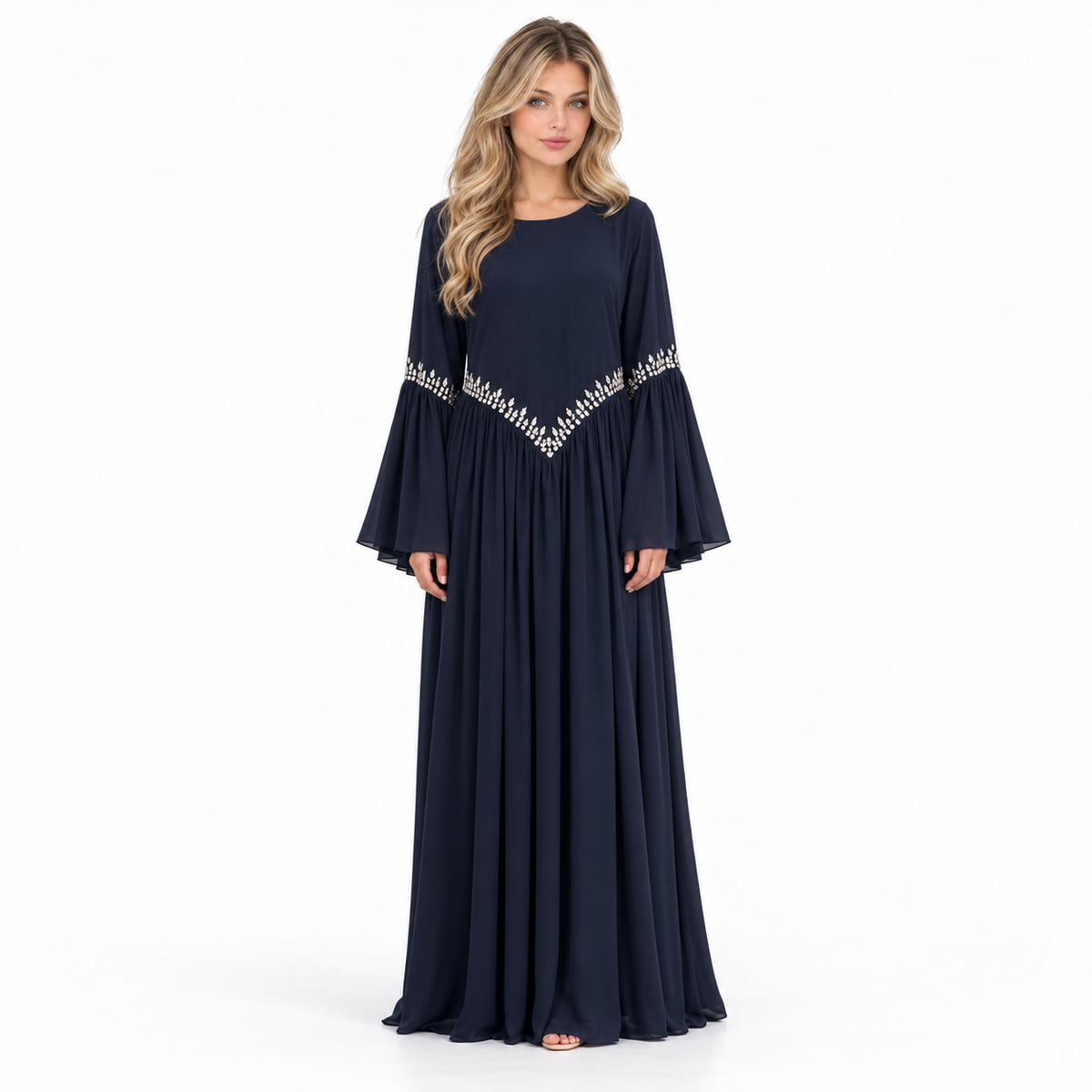 Elegant Navy Blue Velvet Embroidered Kaftan