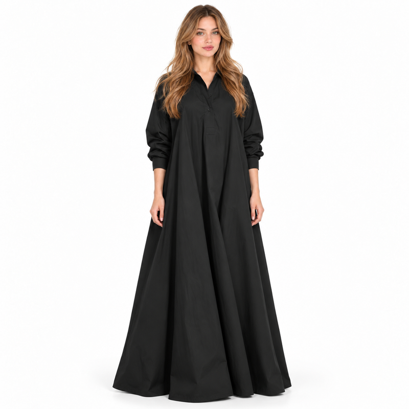 Elegant Black Cotton Kaftan Maxi Dress-1