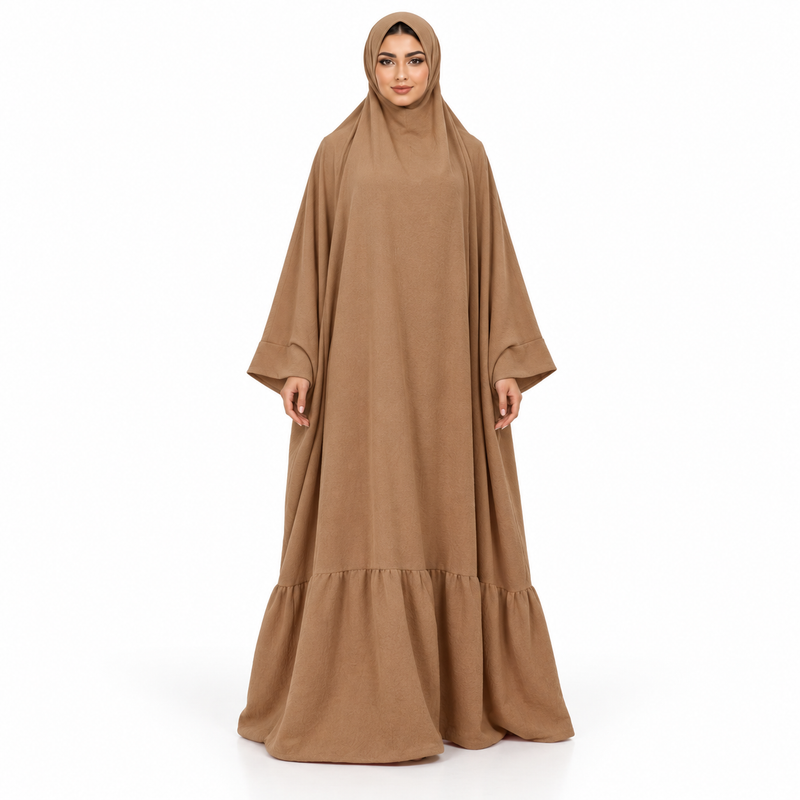 Elegant Camel Jilbab With Ruffled Hem-1