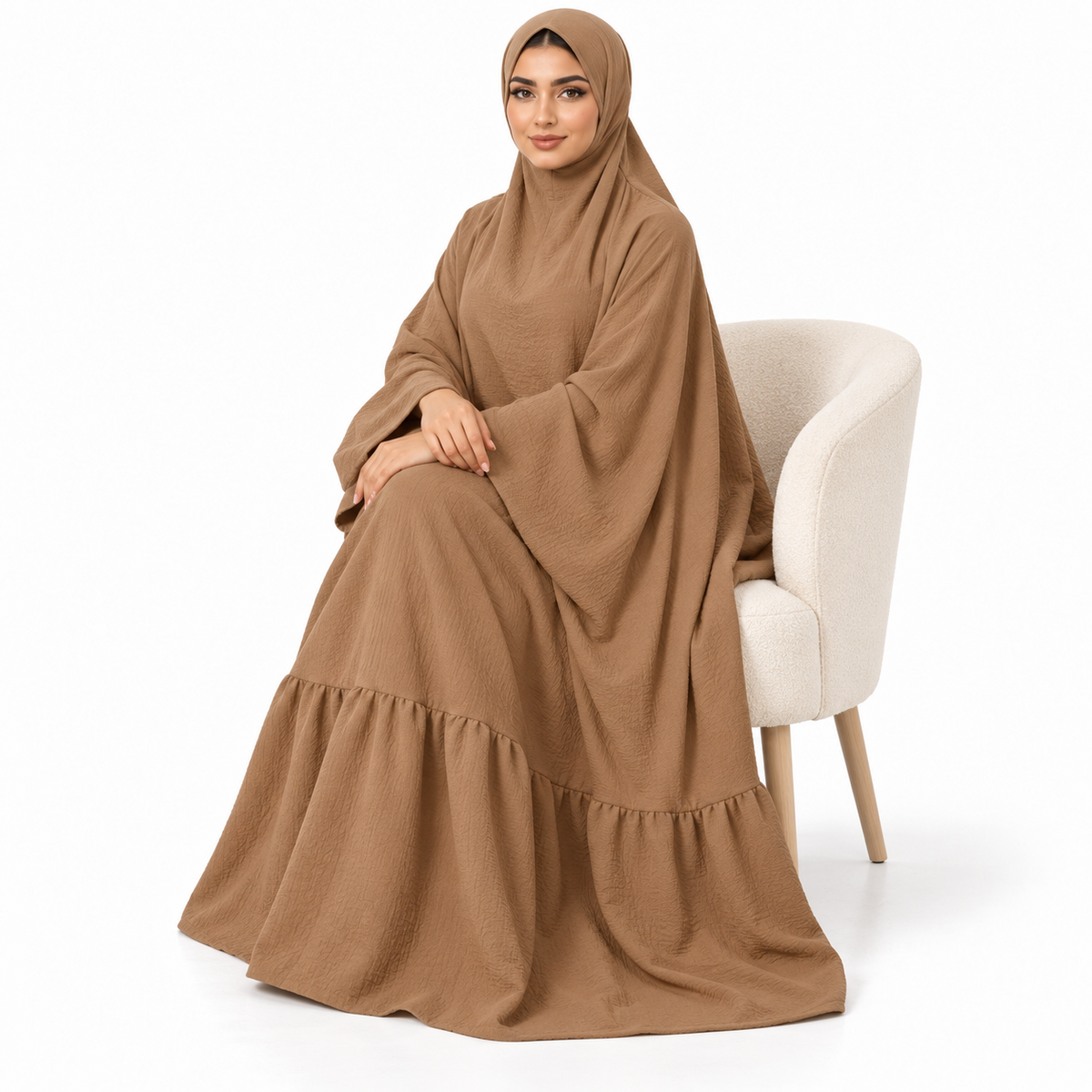 Elegant Camel Jilbab With Ruffled Hem-2